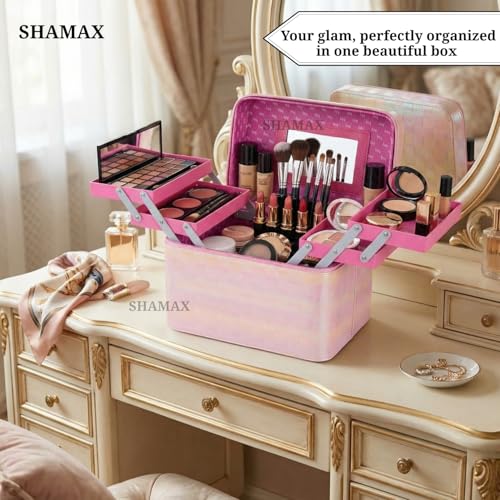 SHAMAX Cosmetic Bridal Make Up Box Trousseau Box Vanity Beauty Case Organizer for Wedding Makeup Box 4 Trays Foldable, Vanity Case (Large) Dual Zipper & Hd Mirror Mini Luggage (Baby Pink) - Image 3