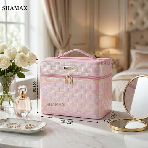 SHAMAX Cosmetic Bridal Make Up Box Trousseau Box Vanity Beauty Case Organizer for Wedding Makeup Box 4 Trays Foldable, Vanity Case (Large) Dual Zipper & Hd Mirror Mini Luggage (Baby Pink) - Image 2