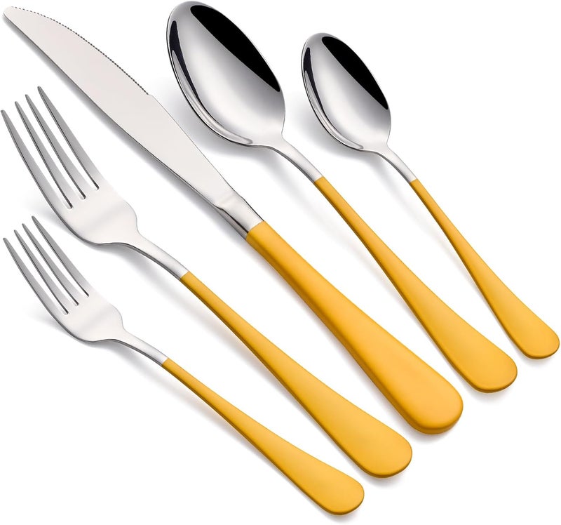Onlycooker 20Piece Yellow Silverware Set 180 Stainless Steel Flatware Yellow Handle Cutlery Set Service for 4 Dinner Knives Forks Spoons Set Mirror Finish Dishwasher Safe - Image 1