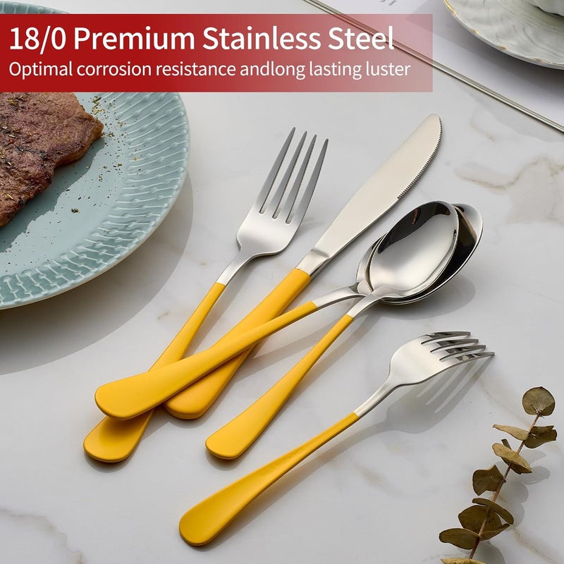 Onlycooker 20Piece Yellow Silverware Set 180 Stainless Steel Flatware Yellow Handle Cutlery Set Service for 4 Dinner Knives Forks Spoons Set Mirror Finish Dishwasher Safe - Image 4