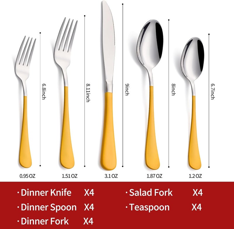 Onlycooker 20Piece Yellow Silverware Set 180 Stainless Steel Flatware Yellow Handle Cutlery Set Service for 4 Dinner Knives Forks Spoons Set Mirror Finish Dishwasher Safe - Image 2