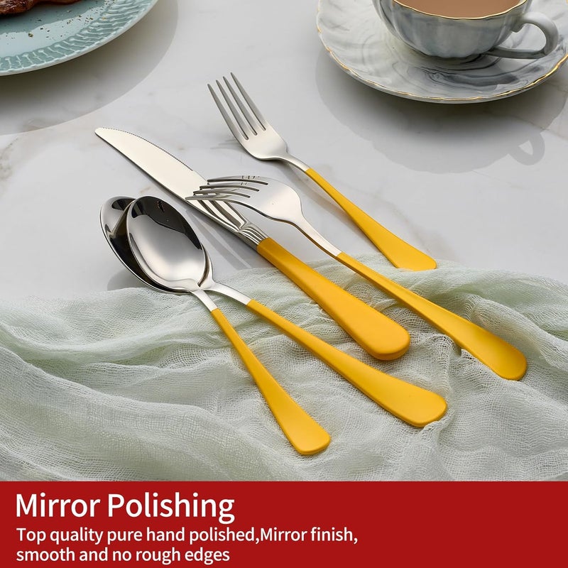 Onlycooker 20Piece Yellow Silverware Set 180 Stainless Steel Flatware Yellow Handle Cutlery Set Service for 4 Dinner Knives Forks Spoons Set Mirror Finish Dishwasher Safe - Image 3