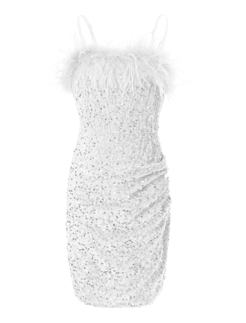 EXARUS Girls White Dress Sequin Glitter Bodycon Sparkle Sparkly Ruched Tween Spaghetti Strap Semi Formal Party Cocktail Ball Prom Teen Wedding Kids Mini Short Dresses Fancy Glam Velvet 10Y - Image 1