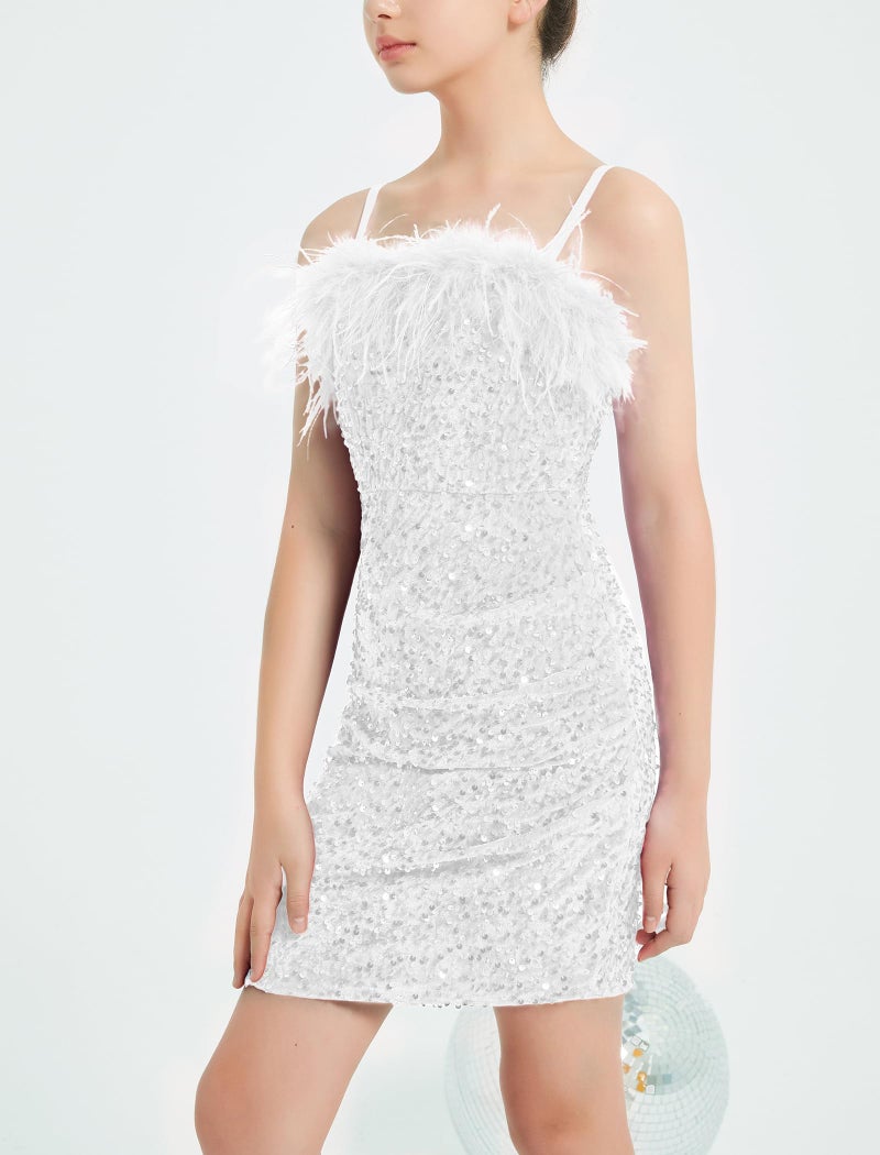 EXARUS Girls White Dress Sequin Glitter Bodycon Sparkle Sparkly Ruched Tween Spaghetti Strap Semi Formal Party Cocktail Ball Prom Teen Wedding Kids Mini Short Dresses Fancy Glam Velvet 10Y - Image 2