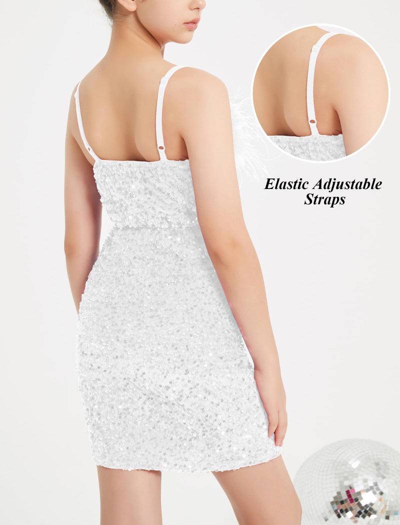 EXARUS Girls White Dress Sequin Glitter Bodycon Sparkle Sparkly Ruched Tween Spaghetti Strap Semi Formal Party Cocktail Ball Prom Teen Wedding Kids Mini Short Dresses Fancy Glam Velvet 10Y - Image 4