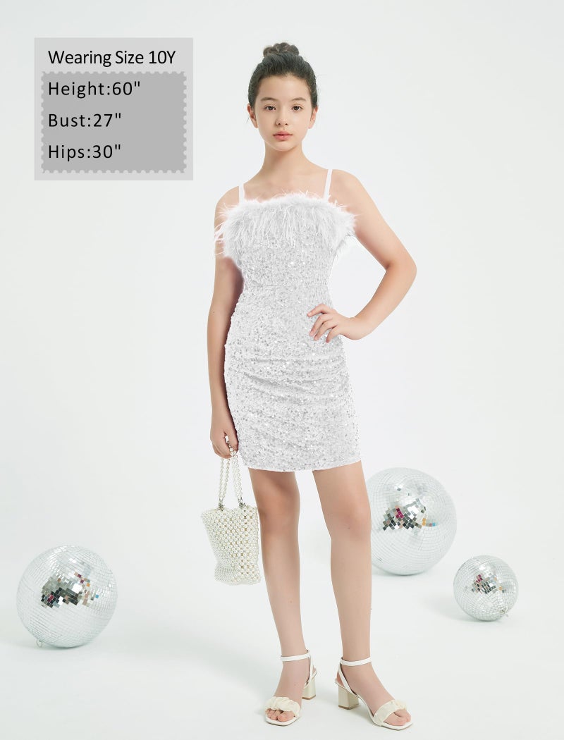 EXARUS Girls White Dress Sequin Glitter Bodycon Sparkle Sparkly Ruched Tween Spaghetti Strap Semi Formal Party Cocktail Ball Prom Teen Wedding Kids Mini Short Dresses Fancy Glam Velvet 10Y - Image 5
