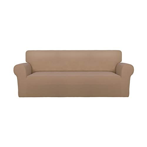 PureFit Super Stretch Sofa Slipcover Spandex Non Slip Soft Couch Sofa Cover Washable Furniture Protector with Non Skid Foam and Elastic Bottom for Kids Pets Oversized Sofa Camel