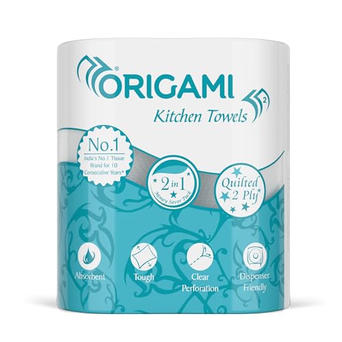 Origami 2 Ply 2 in 1 Kitchen Tissue Paper Roll | Tough, Super Absorbent & Food Safe Tissues for Spotless Cleaning | Ideal for Multi Purpose Use (60 Pulls Per Roll, 120 Sheets) - Image 1