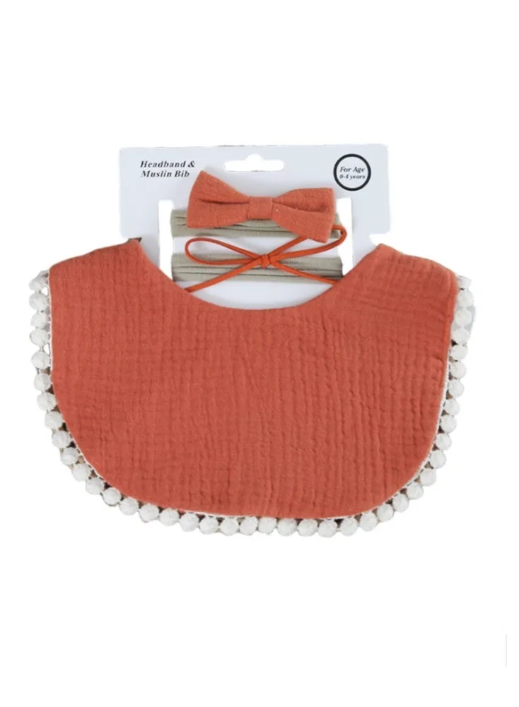 Bambimici -Sophia Set Of Baby Bib And Ribbon Headband Dark Orange