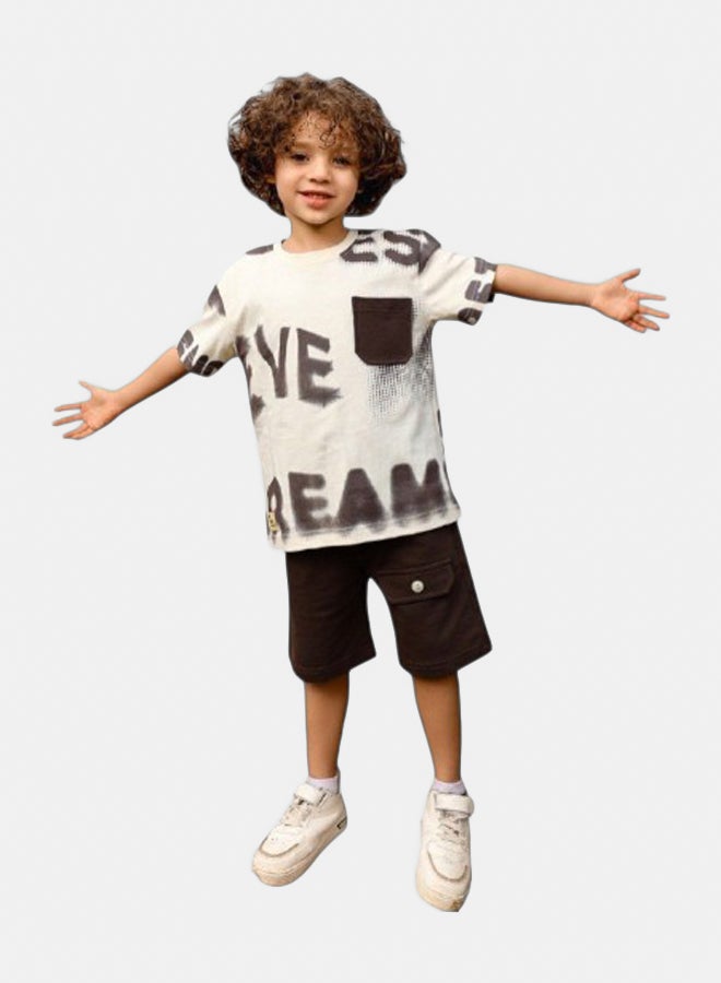 Bongo Boys Cotton T-shirt & Shorts Set Brown & White - Kids Summer Outfit, Comfortable Casual Wear