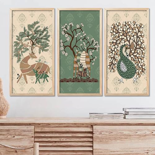 walllane Gond Wall Art Home Décor Paintings | Wall Hanging Frames | Painting for wall Decoration Set of 3 (10x19 inch, A) - Image 1