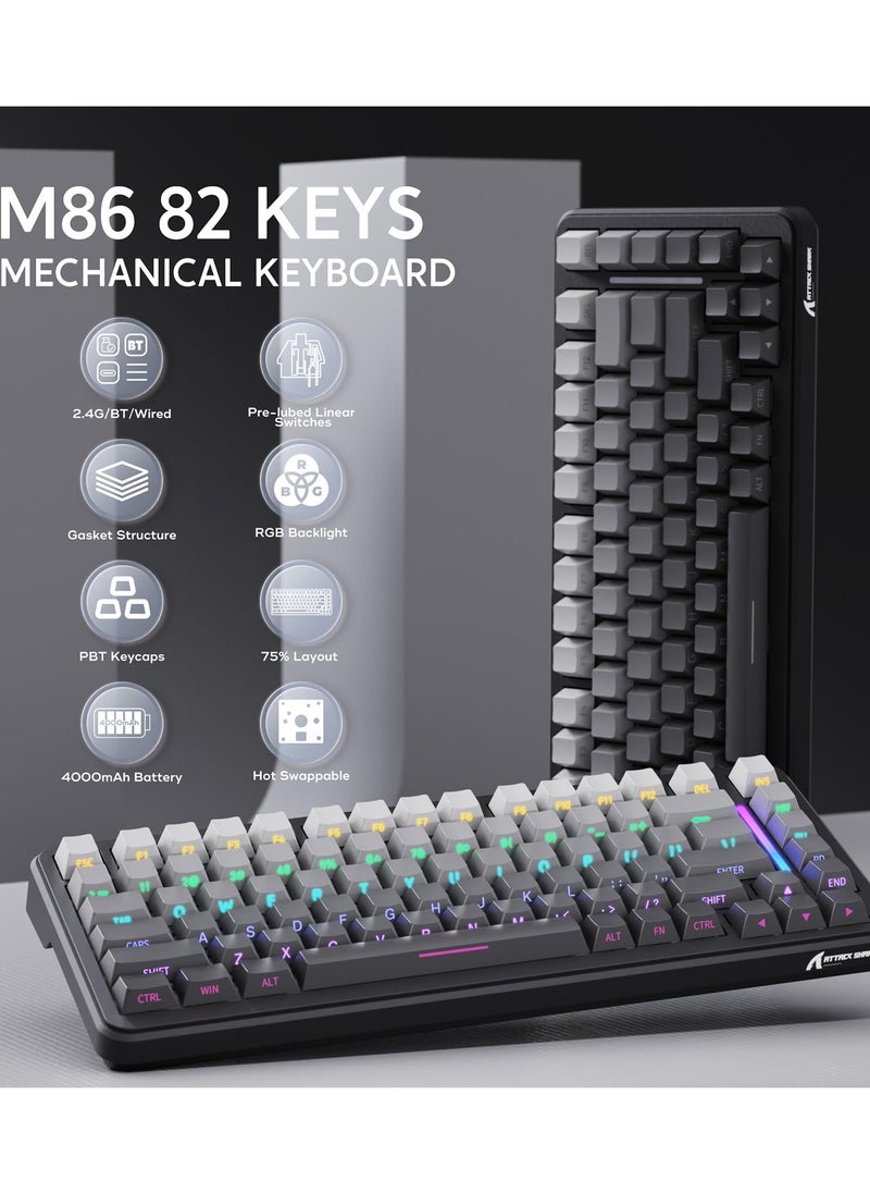 Attack Shark - M86 83 Keys Wireless Mechanical Keyboard, 75% Gasket Hot Swappable Custom Keyboard, Side Printed PBT Keycaps, RGB Backlit, Pre-lubed Switches, BT/2.4GHz/ Wired Mechanical Gaming Keyboard - Image 1