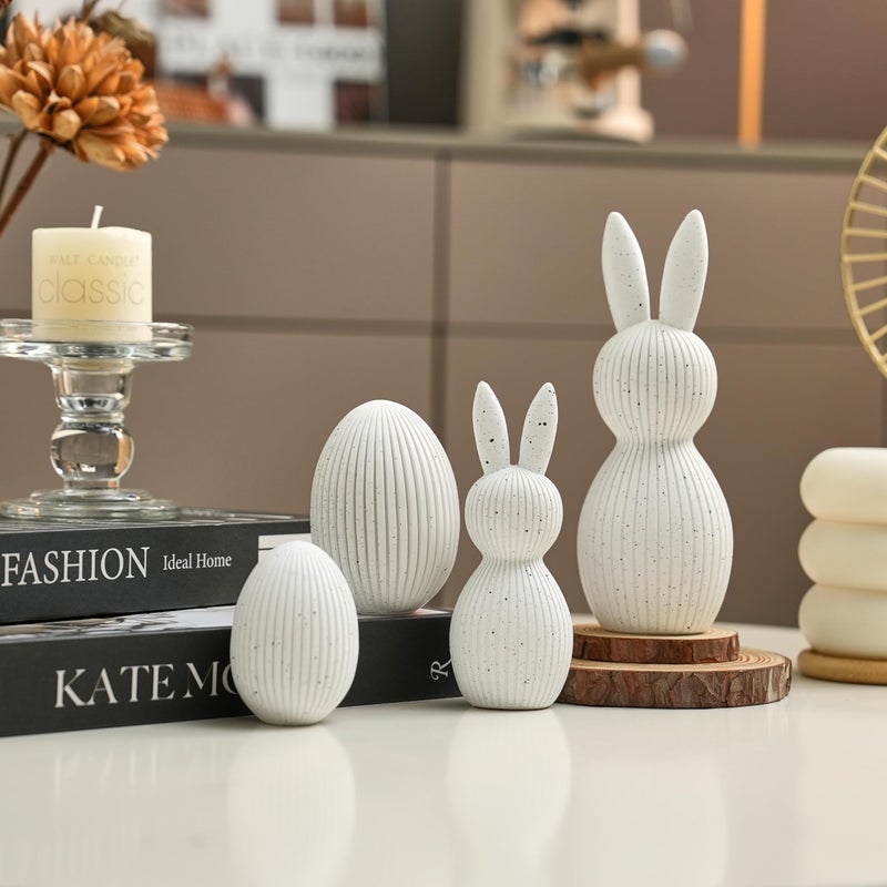 AOMOONOA White Bunny and Egg Figurine Set for Modern Easter Decor, 4Pcs Resin Easter Rabbit and Egg Statues with Speckle for Minimalist Home Shelf Mantle Decor, Tabletop Centerpiece - Image 5