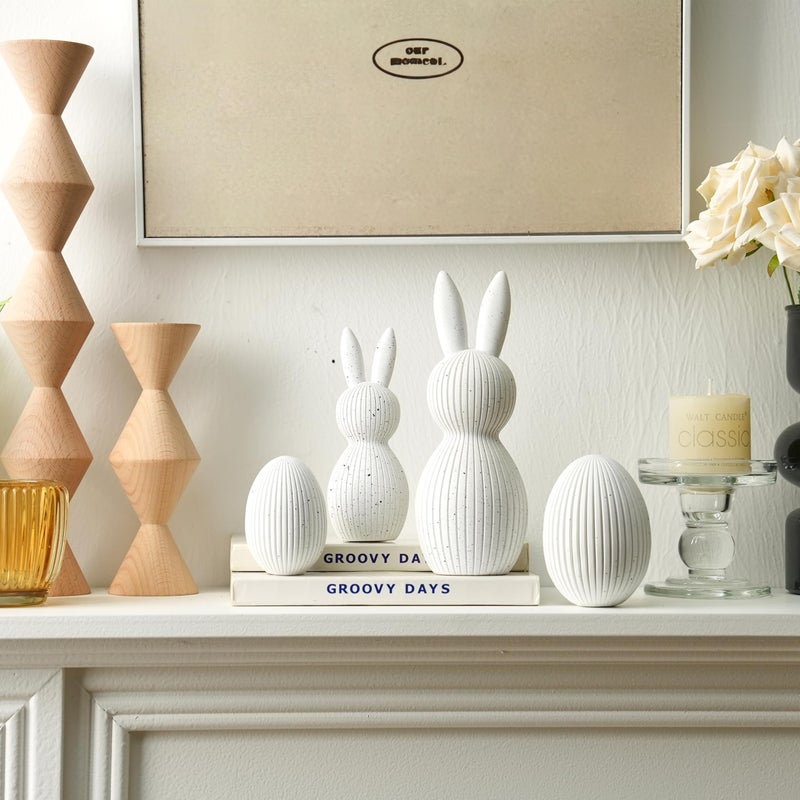 AOMOONOA White Bunny and Egg Figurine Set for Modern Easter Decor, 4Pcs Resin Easter Rabbit and Egg Statues with Speckle for Minimalist Home Shelf Mantle Decor, Tabletop Centerpiece - Image 3