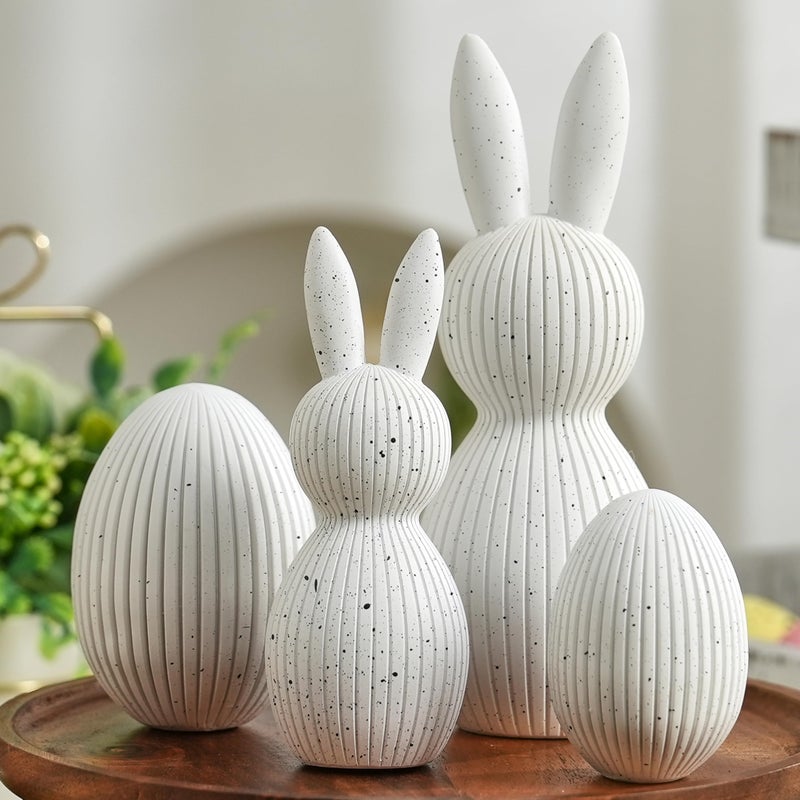 AOMOONOA White Bunny and Egg Figurine Set for Modern Easter Decor, 4Pcs Resin Easter Rabbit and Egg Statues with Speckle for Minimalist Home Shelf Mantle Decor, Tabletop Centerpiece - Image 1