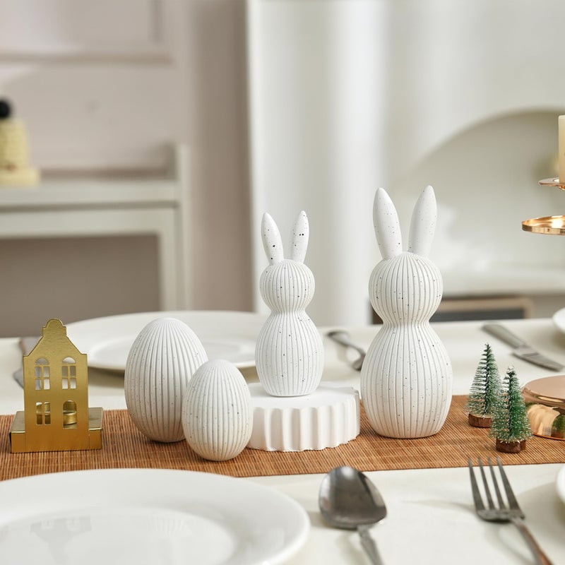 AOMOONOA White Bunny and Egg Figurine Set for Modern Easter Decor, 4Pcs Resin Easter Rabbit and Egg Statues with Speckle for Minimalist Home Shelf Mantle Decor, Tabletop Centerpiece - Image 4