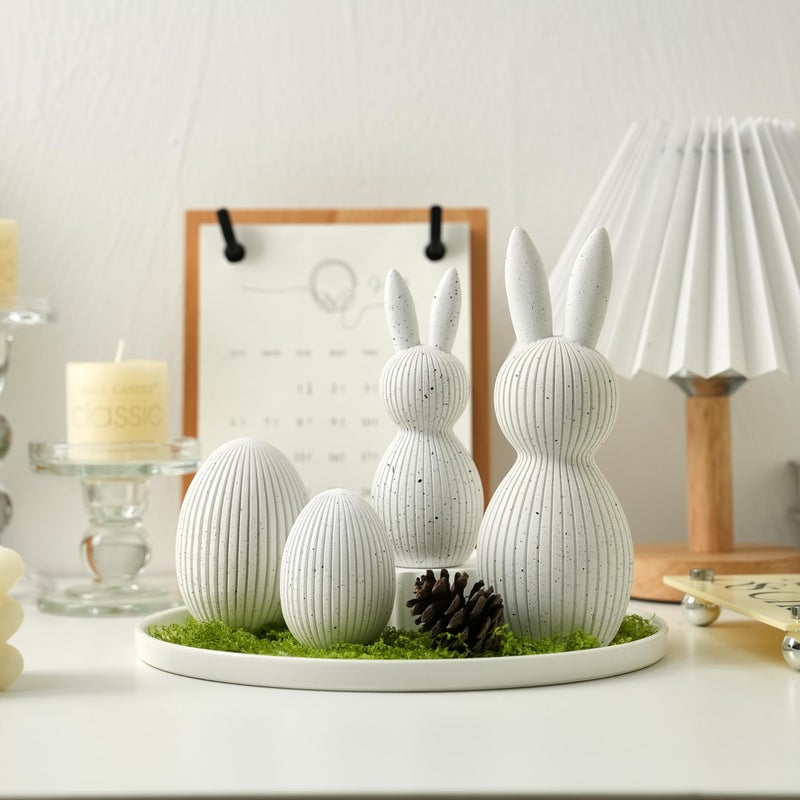AOMOONOA White Bunny and Egg Figurine Set for Modern Easter Decor, 4Pcs Resin Easter Rabbit and Egg Statues with Speckle for Minimalist Home Shelf Mantle Decor, Tabletop Centerpiece - Image 2