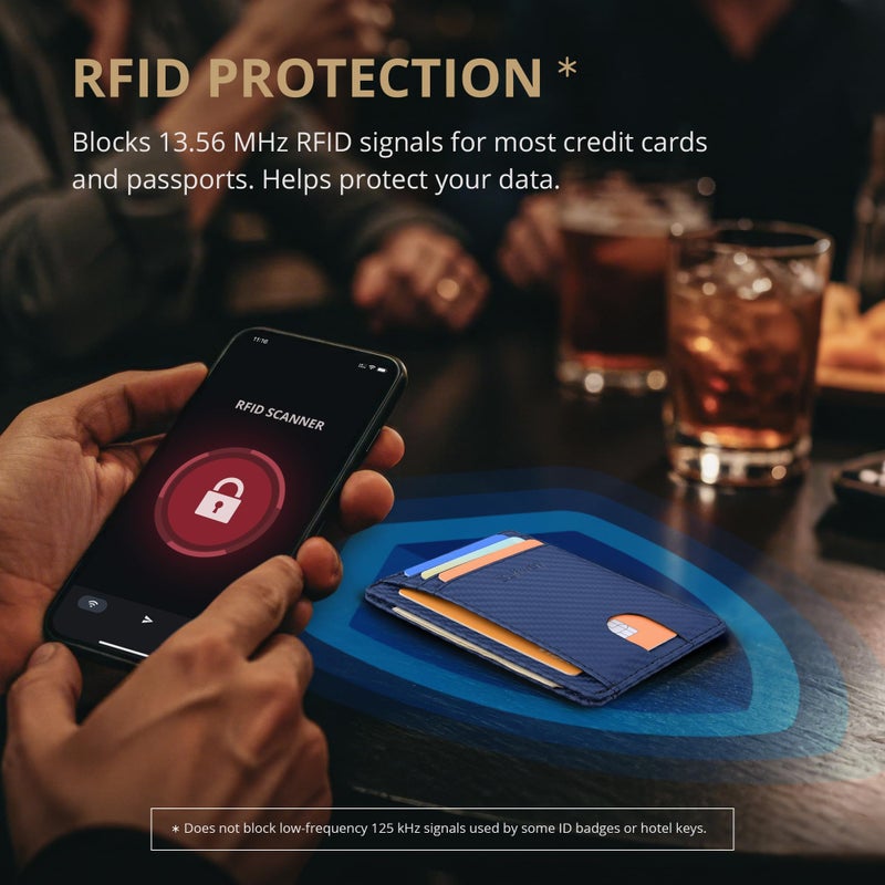 Buffway Slim Minimalist Front Pocket RFID Blocking Leather Wallets for Men and Women - Carbon Fiber Blue - Image 5