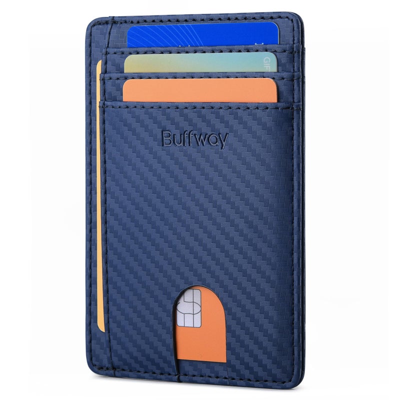 Buffway Slim Minimalist Front Pocket RFID Blocking Leather Wallets for Men and Women - Carbon Fiber Blue - Image 1