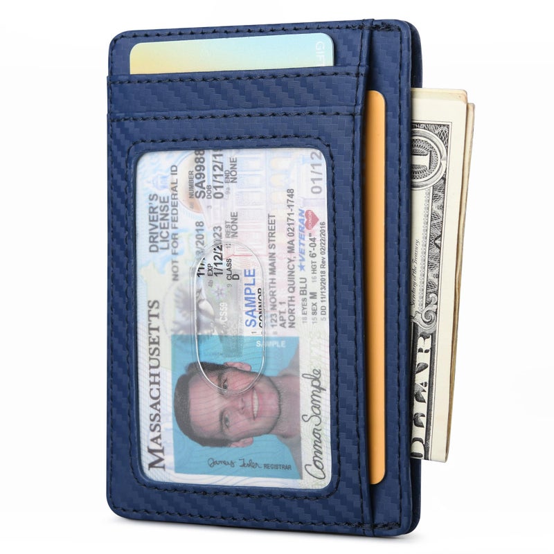 Buffway Slim Minimalist Front Pocket RFID Blocking Leather Wallets for Men and Women - Carbon Fiber Blue - Image 2