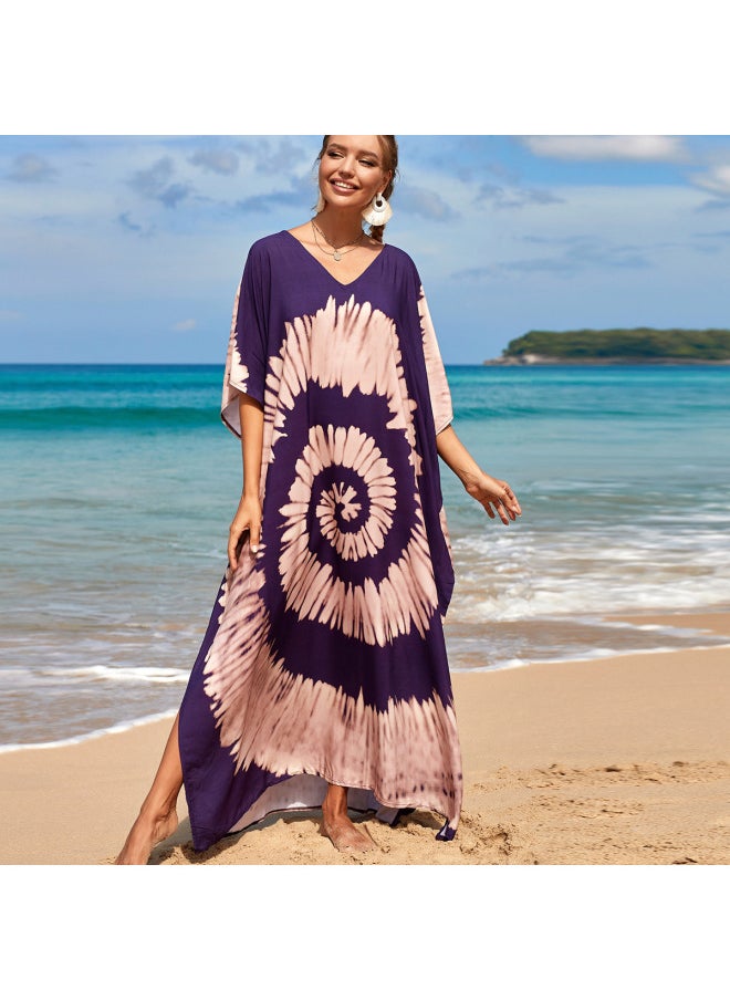 Generic - Robe Beach Blouse Rayon Printed Vacation Sunscreen Shirt Plus Size Bikini Beach Dress Amazon-Color:05 Purple Background Vortex- - Image 1