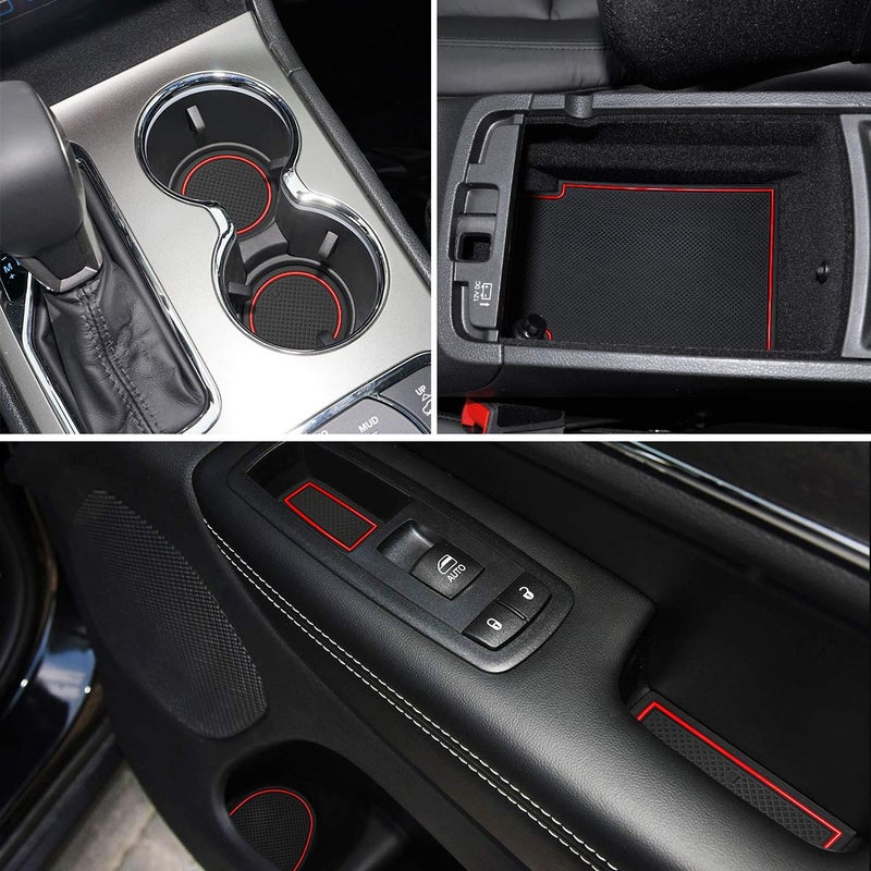 Auovo Door Cup Holder Console Liners Inserts Custom Fit for Grand Cherokee 2014-2021 Interior Accessories Anti Dust Mats(18-pcs Set, Red Trim) - Image 1