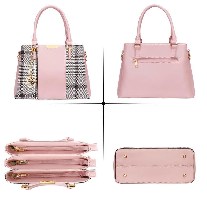 KKXIU 3 Zippered Compartments Purses and Handbags for Women Top Handle Satchel Shoulder Ladies Bags (B-pink stripe) - Image 4
