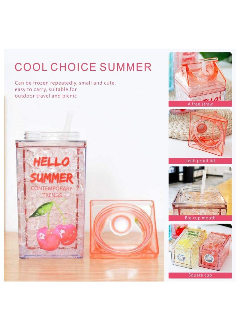 Excefore - Crushed Ice Cup, Double-layer Thickened Refrigerator Cold Storage Cup Straw Gel Quicksand Iced Cup Crushed Ice Cup, Creative Milk Carton Summer Student Drinking Outdoor Water Ice Cup (Lemon Yellow) - Image 1