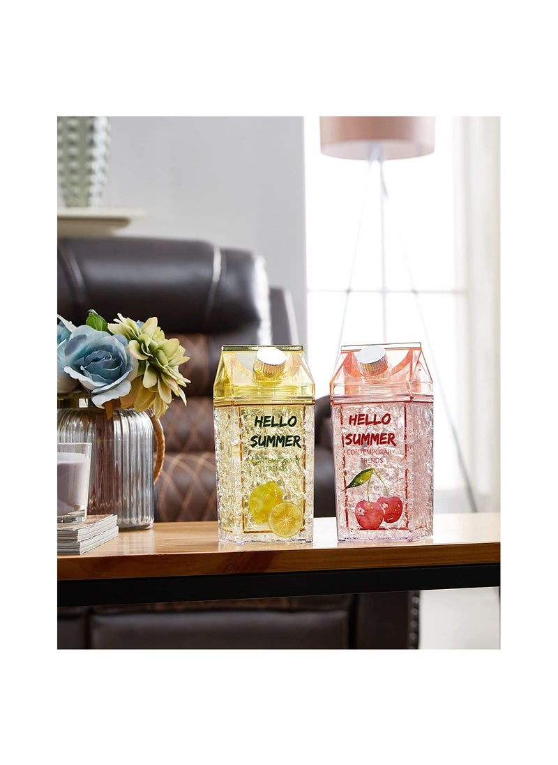 Excefore - Crushed Ice Cup, Double-layer Thickened Refrigerator Cold Storage Cup Straw Gel Quicksand Iced Cup Crushed Ice Cup, Creative Milk Carton Summer Student Drinking Outdoor Water Ice Cup (Lemon Yellow) - Image 1