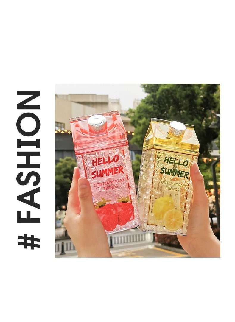 Excefore - Crushed Ice Cup, Double-layer Thickened Refrigerator Cold Storage Cup Straw Gel Quicksand Iced Cup Crushed Ice Cup, Creative Milk Carton Summer Student Drinking Outdoor Water Ice Cup (Lemon Yellow) - Image 1
