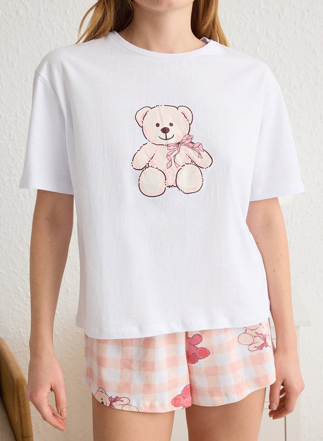 trendyol Ecru 100% Cotton Teddy Bear and Ribbon/Bow Printed Shorts Knitted Pajama Set - Image 3