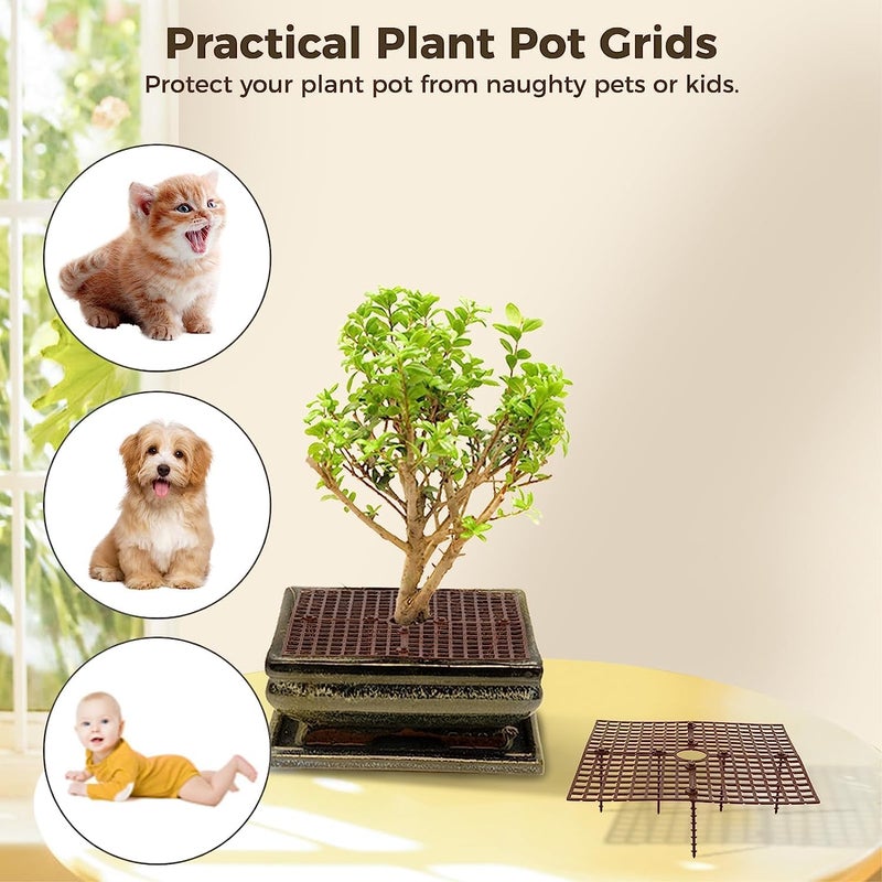 Excefore 6 Pcs Plant Pot Soil Grid, 11.8 Inch Flower Pot Grid, Plant Soil Protector Covers with Stakes, Plant Pot Grid Cat Digging Stopper, Baby Safety Plant Pot Cover for Indoor Outdoor - Image 2