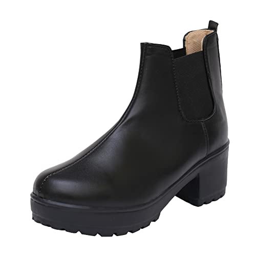XE Looks 100% Vegan Leather Women's Black Ankle Boots | Comfortable Slip-On Design with Block Heel | Durable Leather Upper & Elastic Sides Boots For Girls & Women - Image 1