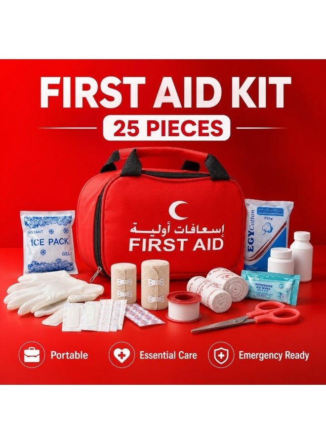 طقم إسعافات أولية مكون من 25 قطعة للإصابات والجروح البسيطة مع شاش وضمادات وقفازات ومطهر - Image 1