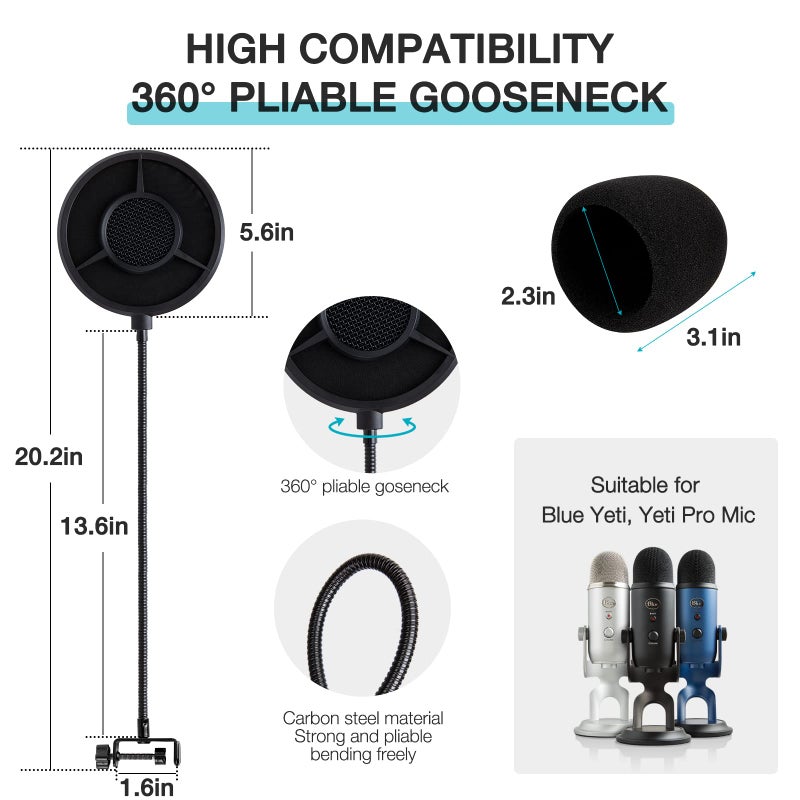 YOUSHARES Blue Yeti Pop Filter Foam Windscreen - 5.5 Inch Diam 6 Layers Pop Filter for Mic Cover Yeti Pop Screen Compatible with Blue Yeti Microphone Professional Metal Pop Filter by YOUSHARES - Image 5