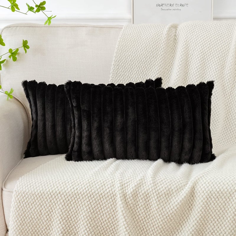 Soleebee Set of 2 Throw Pillow Covers Soft Cozy Velvet Pillowcase Faux Rabbit Fur Cover for Couch Sofa Bed Chair Home Decorative Pillows Cover (12x20 Inch  Black) - Image 1