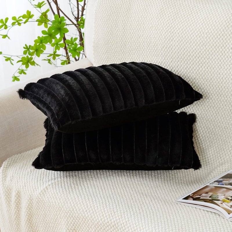 Soleebee Set of 2 Throw Pillow Covers Soft Cozy Velvet Pillowcase Faux Rabbit Fur Cover for Couch Sofa Bed Chair Home Decorative Pillows Cover (12x20 Inch  Black) - Image 3