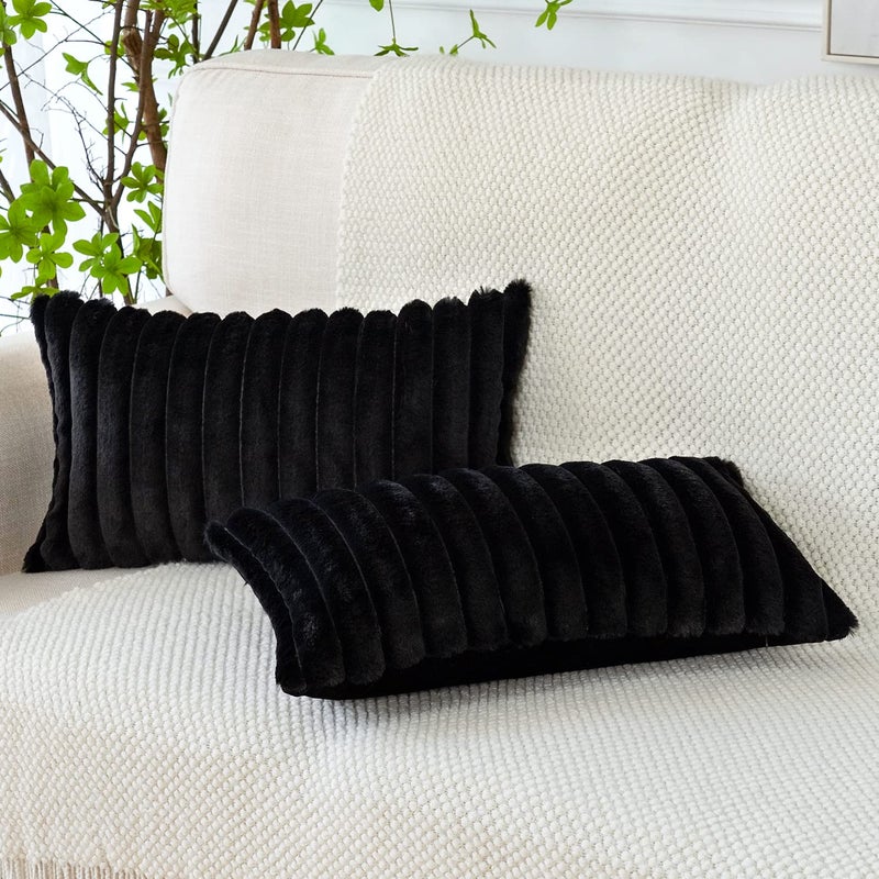 Soleebee Set of 2 Throw Pillow Covers Soft Cozy Velvet Pillowcase Faux Rabbit Fur Cover for Couch Sofa Bed Chair Home Decorative Pillows Cover (12x20 Inch  Black) - Image 2