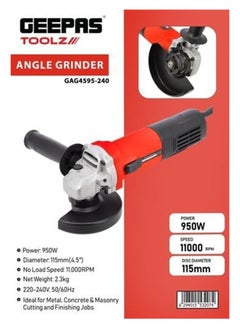 GEEPAS Geepas Angle Grinder, With 950W Power, GAG4595-240 | Speed: 11000RPM | Disc Diameter: 115mm | Ideal for Metal, Concrete & Cutting And Finishing Jobs  - Image 5