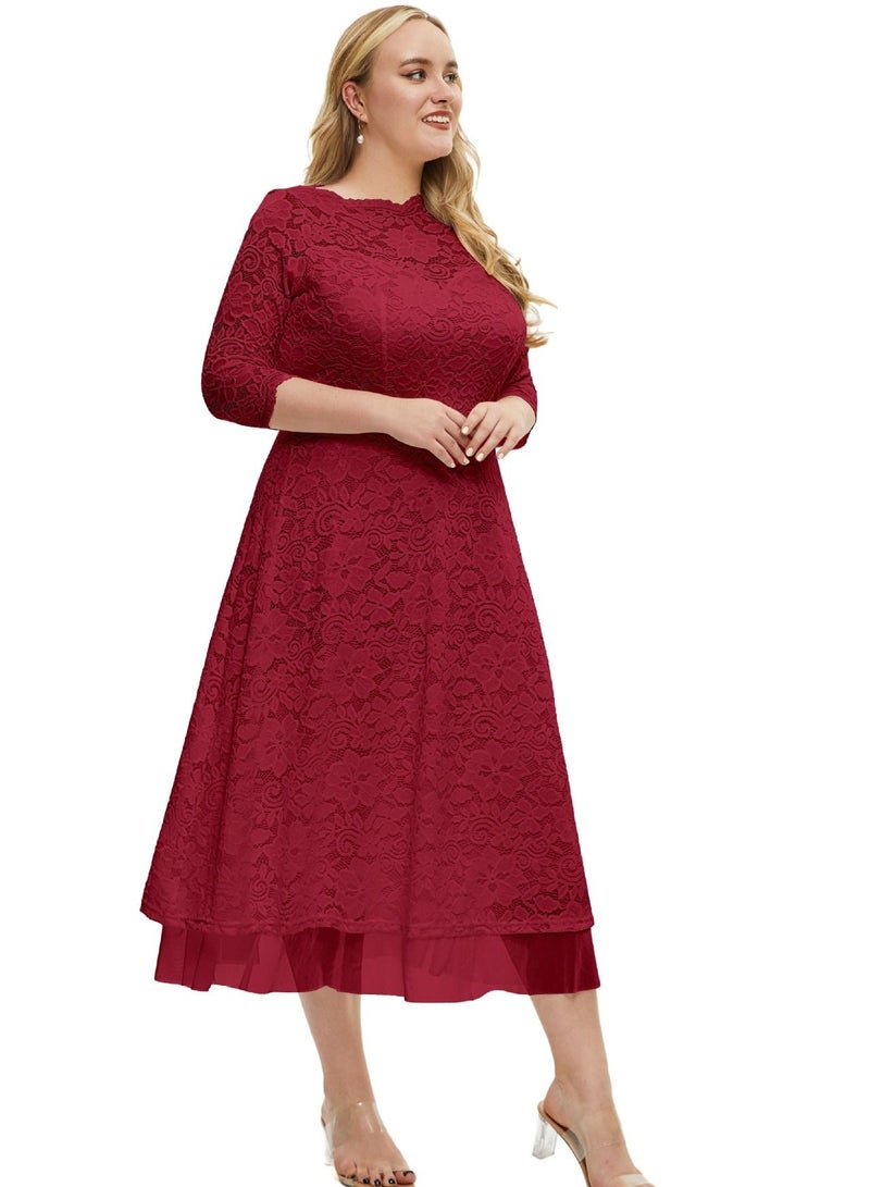 Loquat Plus-size Women's New Lace High-quality Dress Red  - Image 1