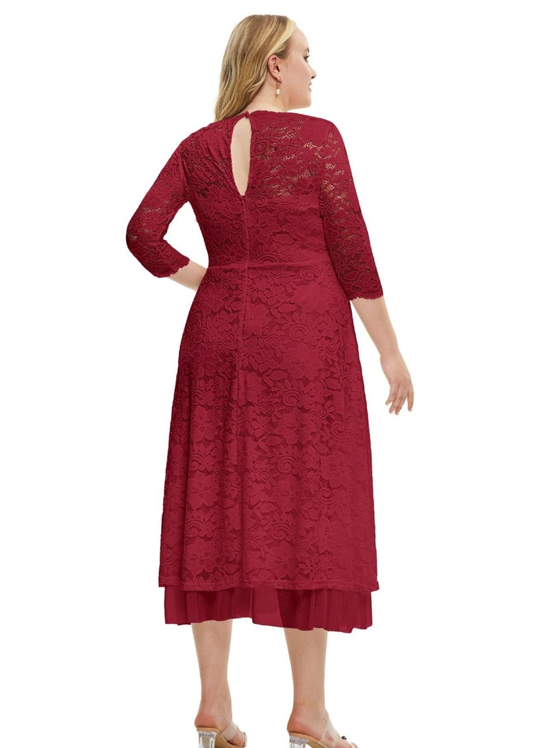 Loquat Plus-size Women's New Lace High-quality Dress Red  - Image 2