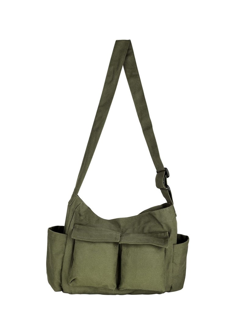 SYOSI SYOSI Canvas Shoulder Tote Bag with Multiple Pockets Large Hobo Crossbody Bag Simple Canvas Messenger Bag Crossbody Handbag Casual Canvas Tote Bag for Women and Men, Army Green - Image 1
