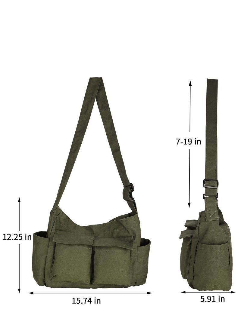 SYOSI SYOSI Canvas Shoulder Tote Bag with Multiple Pockets Large Hobo Crossbody Bag Simple Canvas Messenger Bag Crossbody Handbag Casual Canvas Tote Bag for Women and Men, Army Green - Image 2