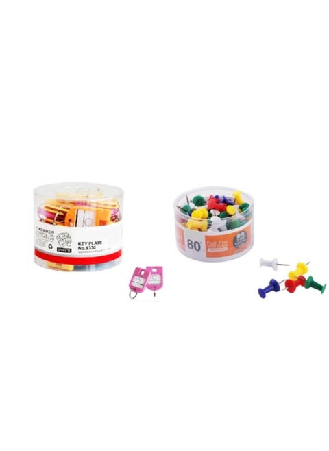 2 Packs 4 in 1 Round Box Stationary Set Push Pin Paper Pin Rubber Bands Binder Clips Set