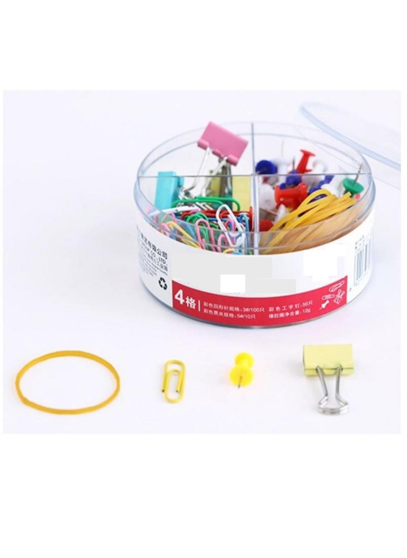Alissa - 2 Packs 4 in 1 Round Box Stationary Set Push Pin Paper Pin Rubber Bands Binder Clips Set - Image 1