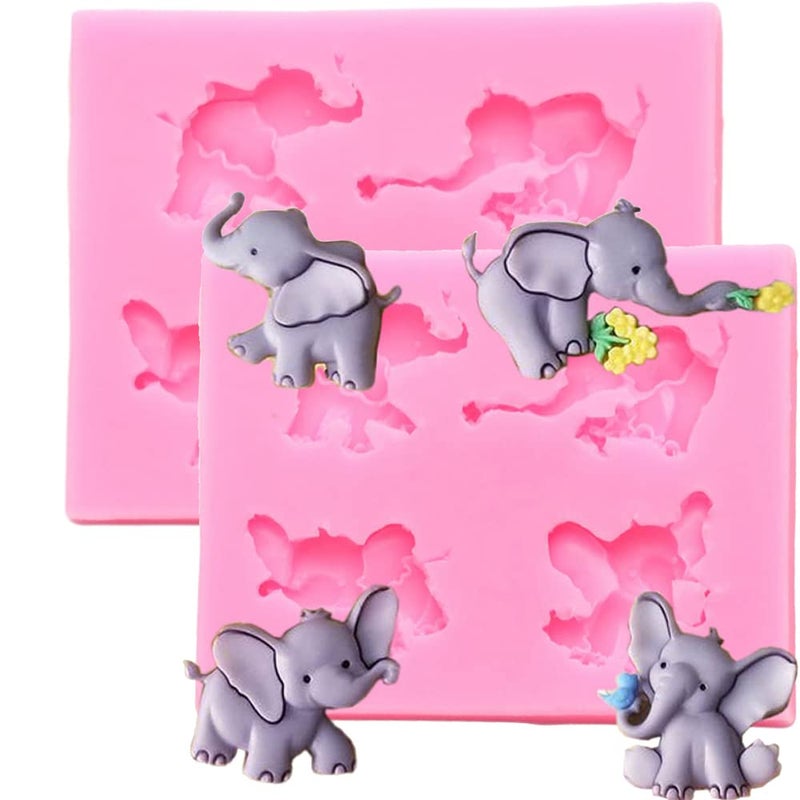 2 Pcs Cute Baby Elephant Animal Rose Flower Silicone Mold DIY Chocolate Cake Topper Decoration Pudding Handmade Ice Cream Jelly Shots Desserts Crystal Gum Paste Mould Candy Fondant Mold