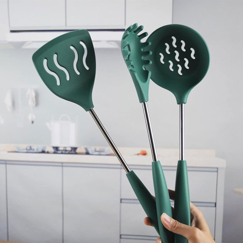 FS COOL Deep Fry Strainer Stainless Steel Skimmer Spoon Cooking Skimmer Silicone Spatula Turner Silicone Slotted Fish Turner Spatulas for Nonstick Cookware Paratha SpatulaSet of 3 Green - Image 5