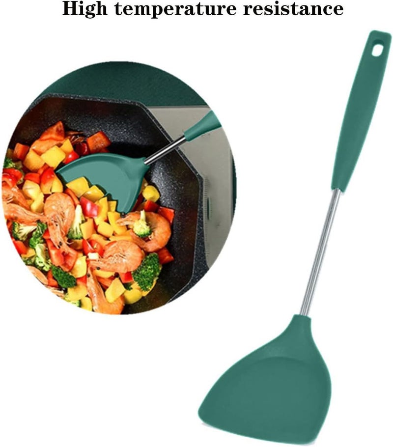 FS COOL Deep Fry Strainer Stainless Steel Skimmer Spoon Cooking Skimmer Silicone Spatula Turner Silicone Slotted Fish Turner Spatulas for Nonstick Cookware Paratha SpatulaSet of 3 Green - Image 3