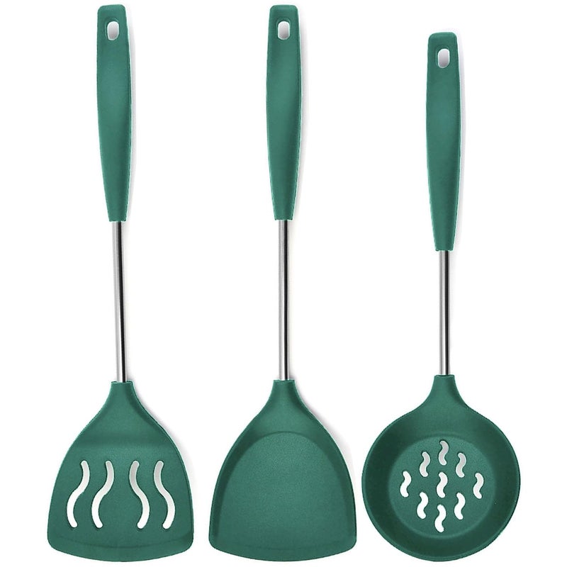 FS COOL Deep Fry Strainer Stainless Steel Skimmer Spoon Cooking Skimmer Silicone Spatula Turner Silicone Slotted Fish Turner Spatulas for Nonstick Cookware Paratha SpatulaSet of 3 Green - Image 1