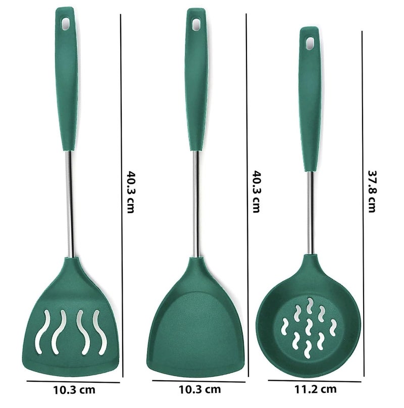 FS COOL Deep Fry Strainer Stainless Steel Skimmer Spoon Cooking Skimmer Silicone Spatula Turner Silicone Slotted Fish Turner Spatulas for Nonstick Cookware Paratha SpatulaSet of 3 Green - Image 2